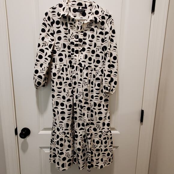 Rachel Zoe Dress With Pockets Small Tiered Black White Cotton Geometric Button S - Picture 1 of 8